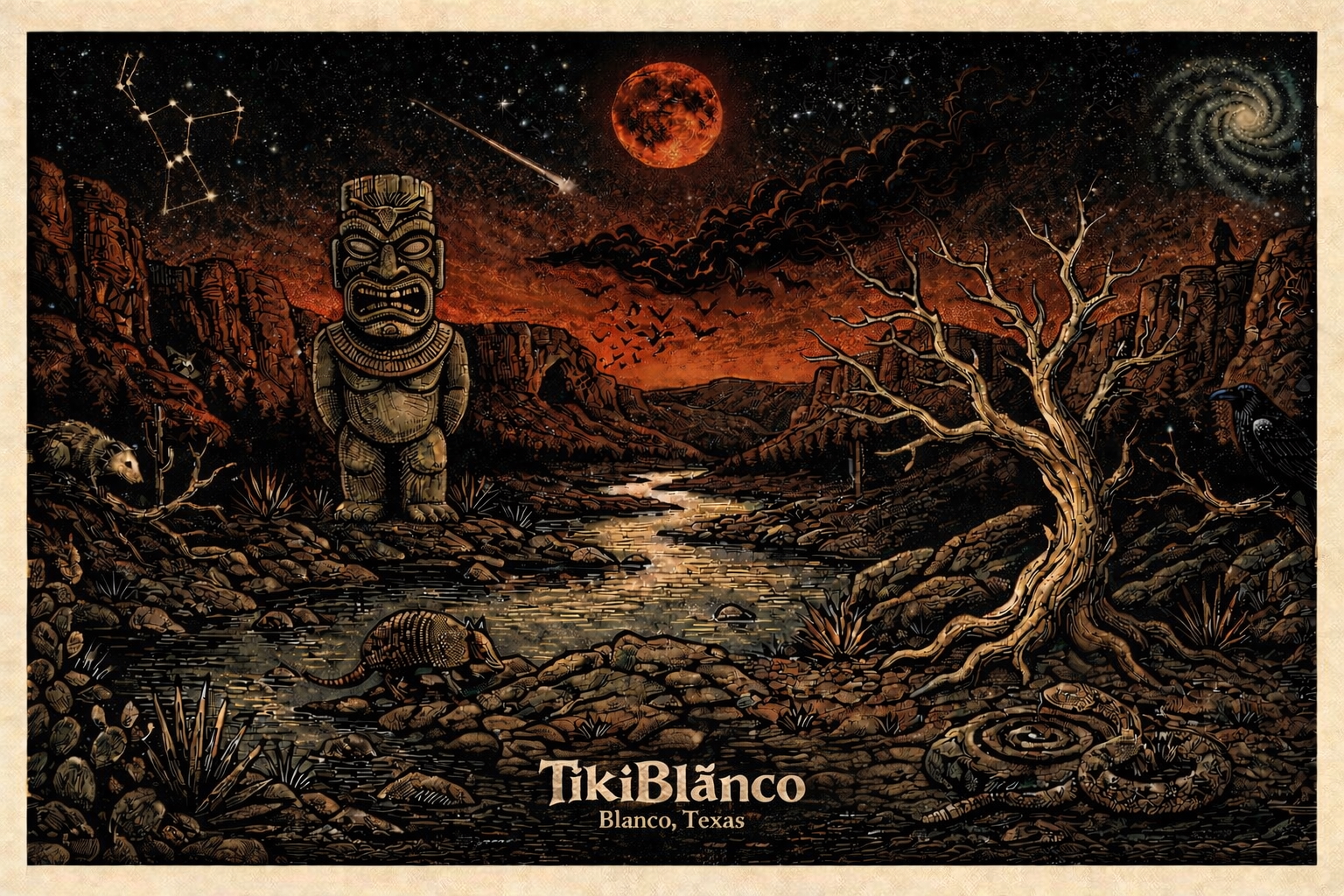 TikiBlänco — Hill Country tiki landscape with blood moon, tiki statue, and Hill Country creatures